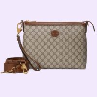 Gucci Unisex Messenger Bag Brown Leather Interlocking G Beige Ebony GG Supreme Canvas (11)