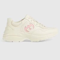 Gucci Unisex Rhyton Sneakers Ivory Leather Pink Interlocking G Cut-Out Rubber Sole (2)