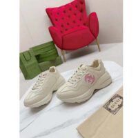 Gucci Unisex Rhyton Sneakers Ivory Leather Pink Interlocking G Cut-Out Rubber Sole (2)