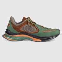 Gucci Unisex Run Sneaker Green Brown Suede Interlocking G Bi-Color Rubbe Low Heel (6)