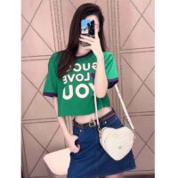 Gucci Women GG Cotton Jersey Cropped T-Shirt Green Medium Heart Patch Crewneck Short Sleeves