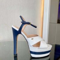 Gucci Women GG Platform Sandal Off White Blue Navy Leather High 13 CM Heel (8)