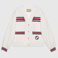 Gucci Women GG Technical Jersey Cardigan Web White V-Neck Dropped Shoulder Long Sleeves (8)