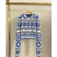 Louis Vuitton LV Women Monogram Flower Tile Jacquard Cropped Pullover Blue White Regular Fit