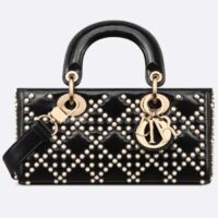 Dior Women CD Small Lady D-Joy Bag Black Crinkle-Effect Lambskin White Resin Half-Pearl Cannage (1)