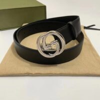 Gucci Unisex GG Blondie Belt Black Leather Round Interlocking G Buckle 4 CM Width (11)