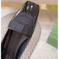 Gucci Women Ballet Flats GG Canvas Black Patent Leather Bow Sole Square Toe (6)