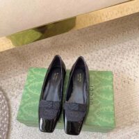 Gucci Women Ballet Flats GG Canvas Black Patent Leather Bow Sole Square Toe (6)