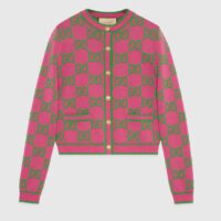 Gucci Women Cotton Silk Blend Cardigan Fuchsia Green Jacquard Crewneck Long Sleeves (9)