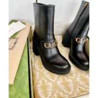 Gucci Women GG Gucci Boot Black Leather Script Rubber Sole Side Zip Closure Mid-Heel (9)