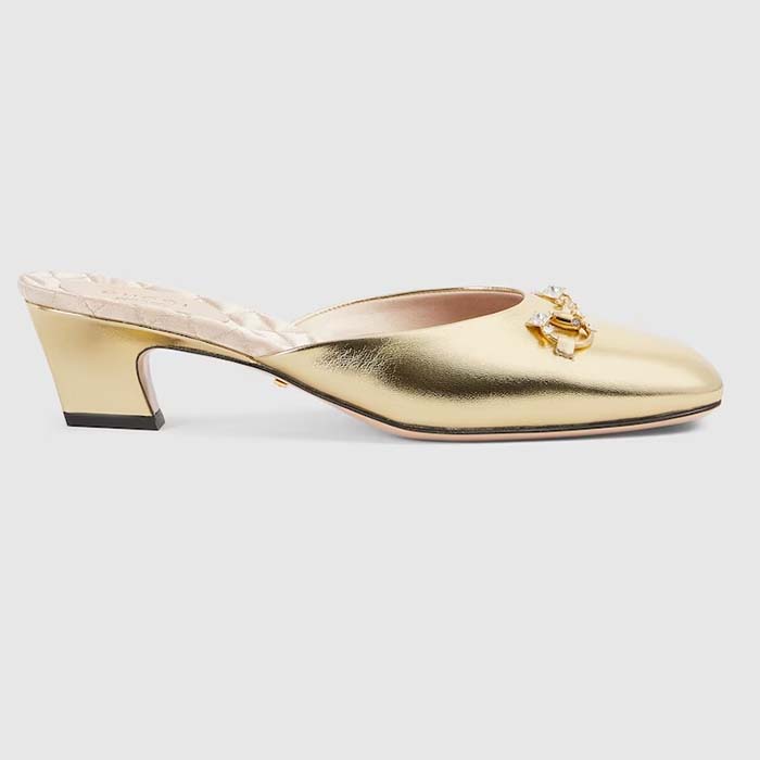 Gucci Women GG Horsebit Mule Gold Metallic Leather Crystals Leather Sole Low-Heel