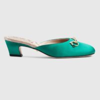 Gucci Women GG Horsebit Mule Green Satin Crystals Leather Sole Low 4.3 CM Heel (4)