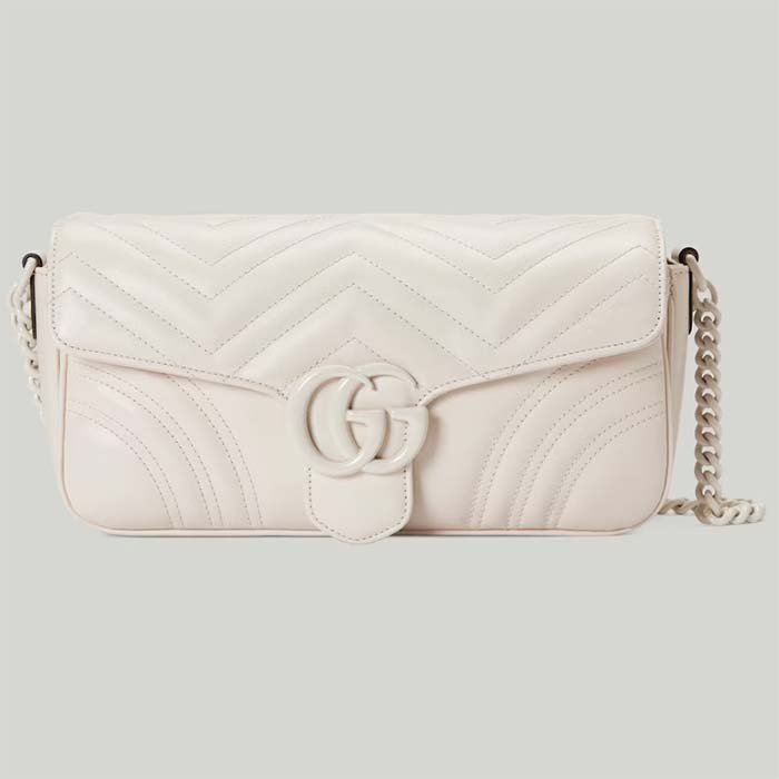 Gucci Women GG Marmont Matelassé Shoulder Bag White Chevron Leather Double G