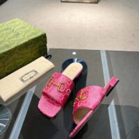 Gucci Women Horsebit Slide Sandal Fuchsia GG Raffia Leather Sole Flat (8)