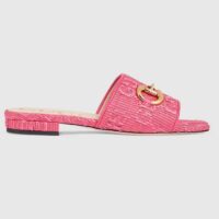 Gucci Women Horsebit Slide Sandal Fuchsia GG Raffia Leather Sole Flat (8)