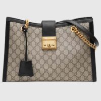 Gucci Women Padlock Medium GG Shoulder Bag Beige Ebony GG Supreme Canvas Black Leather