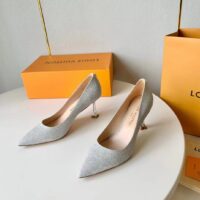 Louis Vuitton LV Women Blossom Pump Silver Textile Leather 9.5 CM Monogram Flower Heel (7)