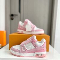 Louis Vuitton Unisex LV Trainer Sneaker Pink Mix Materials Rubber Initials Monogram Flowers (6)