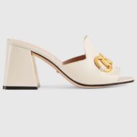 Gucci Women GG Slide Sandal Horsebit White Leather Metal Heel Leather Sole Mid-Heel (9)