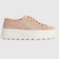 Gucci Women GG Sneaker Pink Original Canvas Rubber Interlocking G Lace-Up Flat (8)