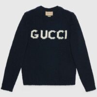 Gucci Men GG Wool Top Gucci Intarsia Black Ivory Wool Crewneck Dropped Shoulder Long Sleeves Rib (8)