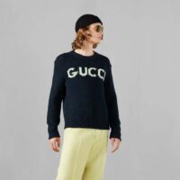 Gucci Men GG Wool Top Gucci Intarsia Black Ivory Wool Crewneck Dropped Shoulder Long Sleeves Rib (8)