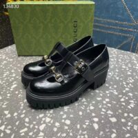 Gucci Women GG Loafer Horsebit Black Leather Rubber Lug Sole Low-Heel Ankle Buckle (7)