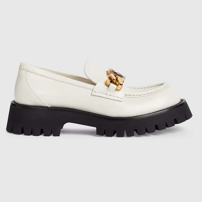 Gucci Women GG Lug Sole Loafer White Leather Interlocking G Chain Rubber Flat