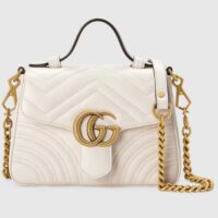 Gucci Women GG Marmont Mini Top Handle Bag White Matelassé Chevron Leather Heart Double G (11)