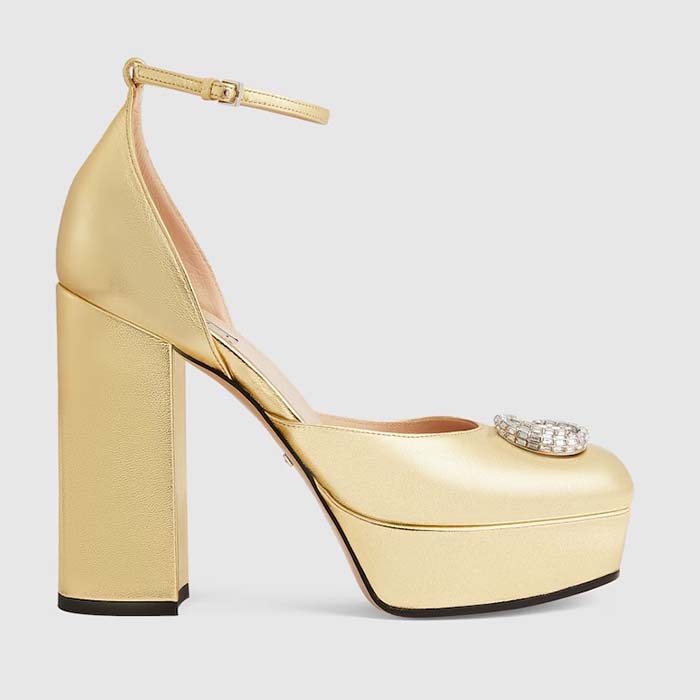 Gucci Women GG Platform Pump Double G Metallic Gold Patent Leather Crystals High Heel