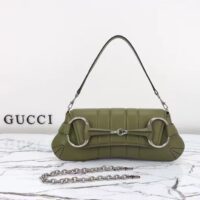 Gucci Women Horsebit Chain Medium Shoulder Bag Silver Green Quilted Leather Maxi Horsebit (13)