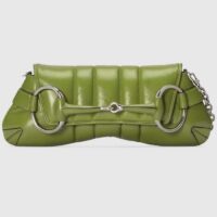 Gucci Women Horsebit Chain Medium Shoulder Bag Silver Green Quilted Leather Maxi Horsebit (13)