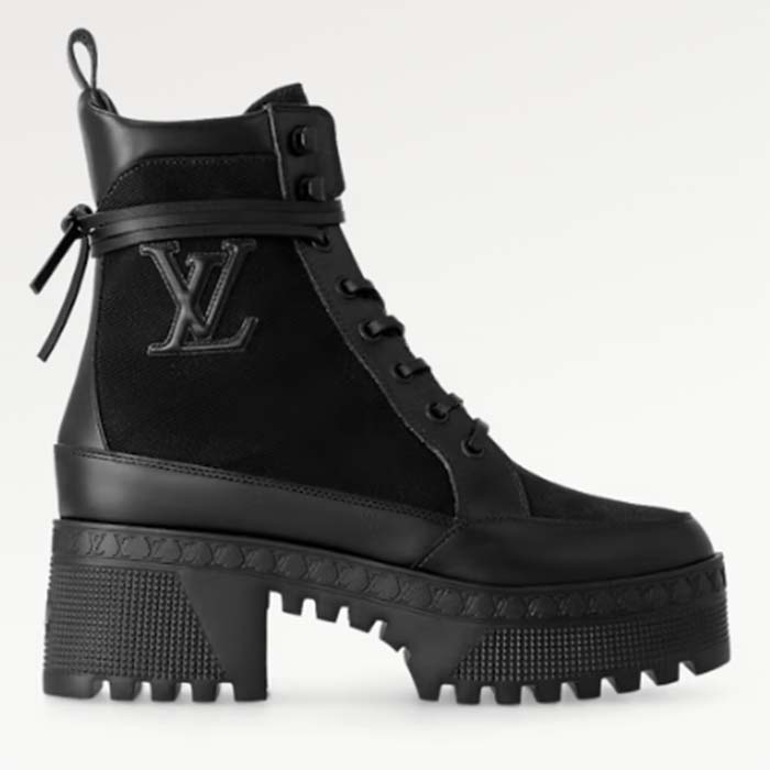 Louis Vuitton LV Women Laureate Platform Desert Boot Black Textile Leather Laces Treaded Rubber